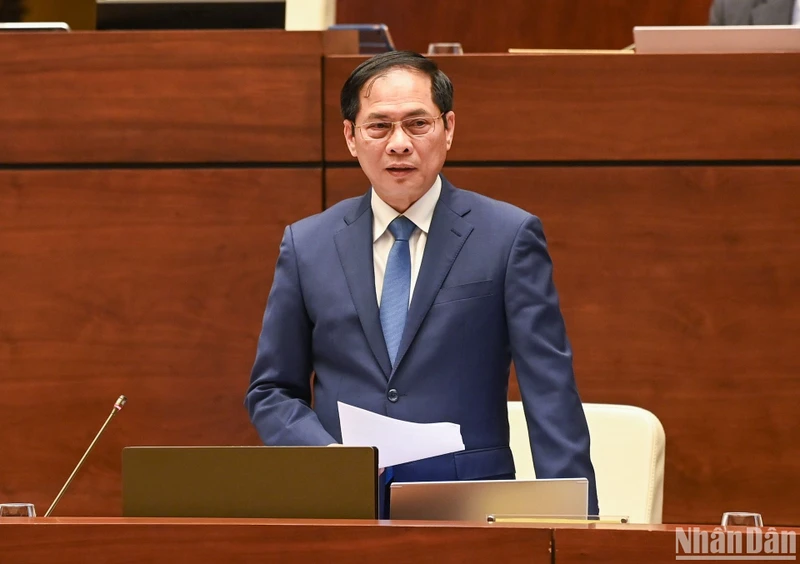 Bộ trưởng Ngoại giao Bùi Thanh Sơn trả lời chất vấn tại Phiên họp thứ 31 của Ủy ban Thường vụ Quốc hội. (Ảnh: DUY LINH)