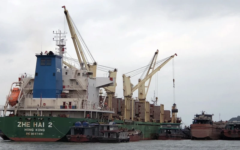 Chuyển tải hàng hóa cho tàu vận tải trên biển ở khu vực Hòn Nét-Con Ong, thành phố Cẩm Phả, tỉnh Quảng Ninh. 