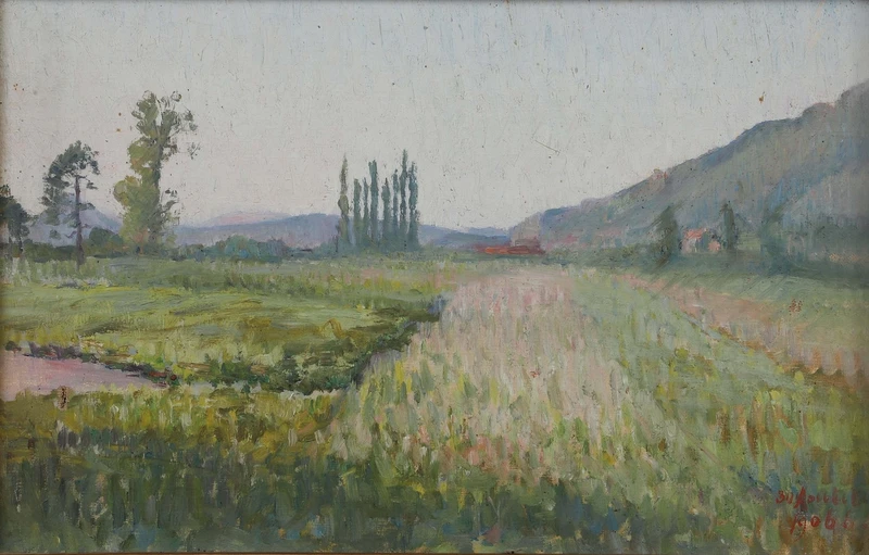 Vua Hàm Nghi, Phong cảnh với cây bách (Menthon-Saint-Bernard), sơn dầu, 27 x 40cm, 1906. Nguồn: Viện Pháp tại Việt Nam.
