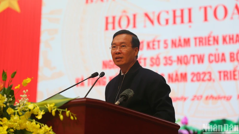 Chủ tịch nước Võ Văn Thưởng, Ủy viên Bộ Chính trị, Trưởng Ban Chỉ đạo 35 Trung ương phát biểu chỉ đạo Hội nghị. (Ảnh: Hải Đăng)