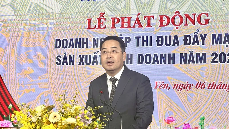 Chủ tịch Ủy ban nhân dân tỉnh Nguyễn Tuấn Anh phát động thi đua khối các doanh nghiệp tỉnh. (Ảnh: THANH SƠN)
