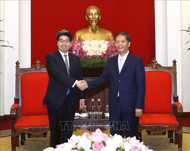 Trưởng Ban Kinh tế Trung ương Trần Tuấn Anh tiếp Thống đốc Ngân hàng Hợp tác quốc tế Nhật Bản Hayashi Nobumitsu. (Ảnh: TTXVN)