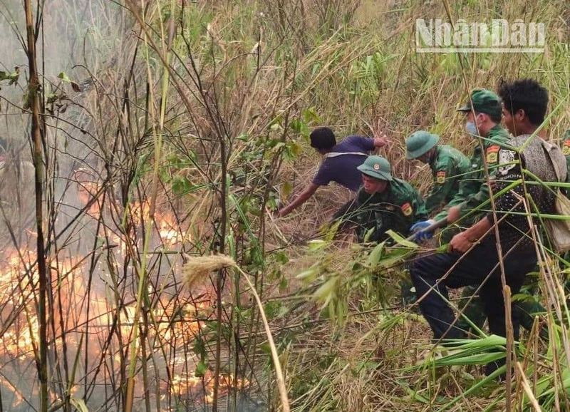 Lực lượng Bộ đội Biên phòng và người dân tham gia chữa cháy rừng tại núi bản Mạt, xã Mường Lèo, huyện biên giới Sốp Cộp, tỉnh Sơn La.