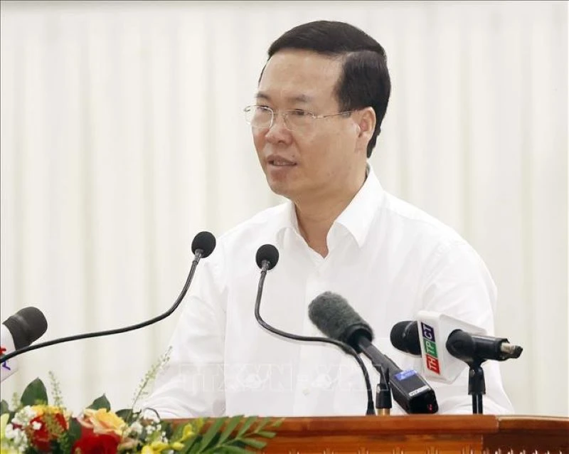 Chủ tịch nước Võ Văn Thưởng phát biểu tại buổi lễ. (Ảnh TTXVN)