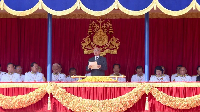Quốc vương Norodom Sihamoni đọc diễn văn tại lễ kỷ niệm. (Ảnh: Fresh News)