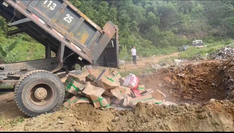 Số chân gà đông lạnh không rõ nguồn gốc xuất xứ đã được lực lượng chức năng tiêu hủy theo đúng quy định.