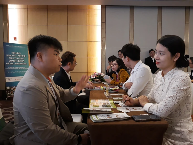 Doanh nghiệp Hà Nội và Singapore trao đổi thông tin hợp tác tại hội nghị.