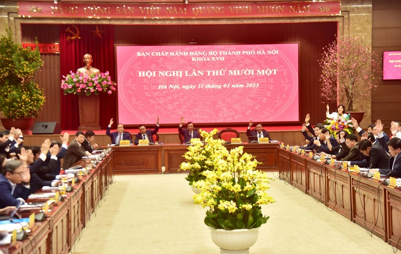 Các đại biểu biểu quyết thông qua Nghị quyết tại Hội nghị.