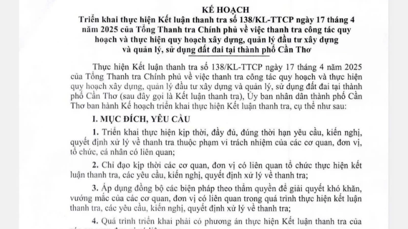 Kế hoạch triển khai thực hiện Kết luận Thanh tra Chính phủ của Ủy ban nhân dân thành phố Cần Thơ.