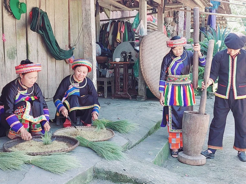 Đồng bào Dao thôn Phiêng Phàng, xã Yến Dương làm cốm. (Ảnh: MA NINH)