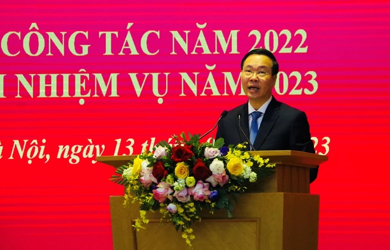 Đồng chí Võ Văn Thưởng, Ủy viên Bộ Chính trị, Thường trực Ban Bí thư dự và phát biểu chỉ đạo Hội nghị tổng kết công tác năm 2022 và triển khai nhiệm vụ công tác năm 2023 của Ban Đối ngoại Trung ương. Ảnh: dangcongsan.vn
