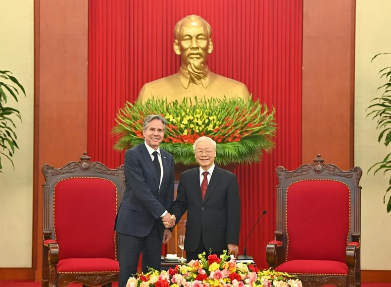 Tổng Bí thư Nguyễn Phú Trọng và Bộ trưởng Ngoại giao Hoa Kỳ Antony Blinken tại buổi tiếp. (Ảnh: DUY LINH)