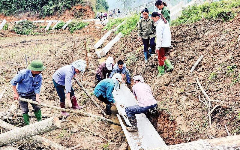 Đoàn viên, hội viên huyện Hàm Yên (Tuyên Quang) tham gia bê-tông hóa hệ thống kênh mương nội đồng.