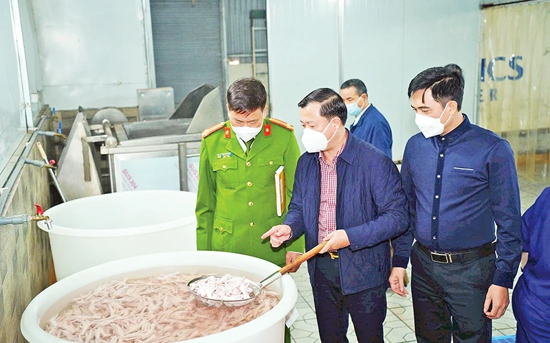 Kiểm tra công tác vệ sinh an toàn thực phẩm tại Công ty TNHH sản xuất chế biến thực phẩm Alishan (thôn Phù Yên, xã Trường Yên, huyện Chương Mỹ). (Ảnh THU TRANG)