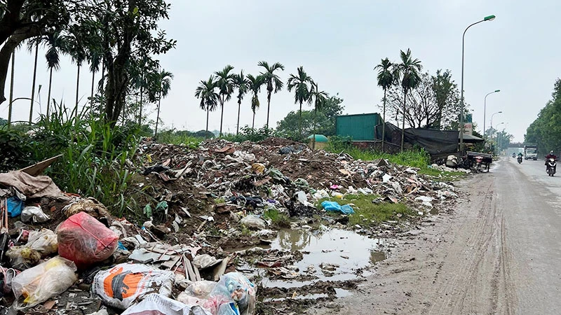 Tình trạng đổ trộm rác thải diễn ra thường xuyên dọc Đại lộ Thăng Long, Hà Nội. (Ảnh: MẠNH HIỂN)