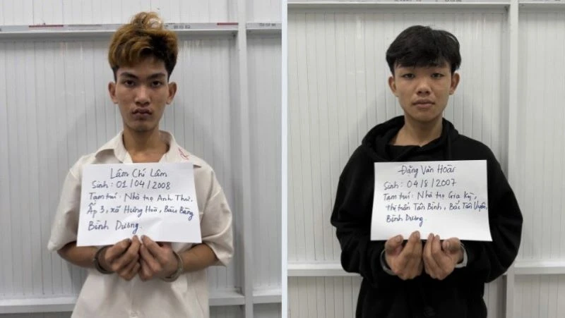 Đối tượng Lâm Chí Lâm và Trương Văn Thành đã bị tạm giữ. (Ảnh do Công an tỉnh Bình Dương cung cấp)