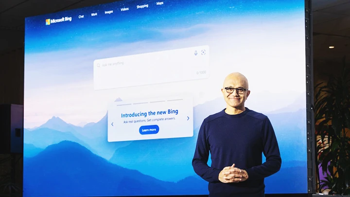 CEO Microsoft Satya Nadella tại sự kiện giới thiệu công cụ tìm kiếm Bing sử dụng AI. Ảnh: MICROSOFT