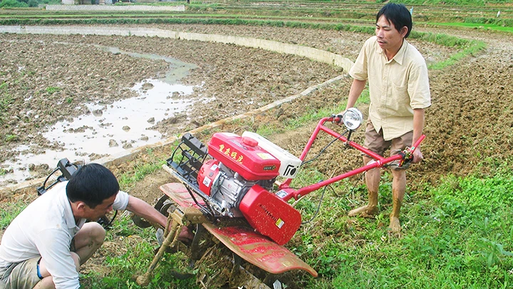 Người dân ở xã Thụy Hùng (Cao Lộc, Lạng Sơn) đưa máy cày vào phục vụ sản xuất.