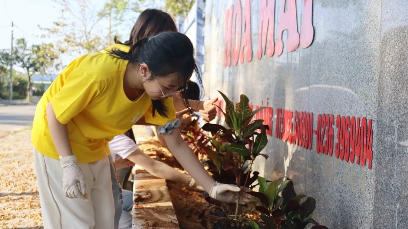 Các em học sinh tham gia trồng cây.