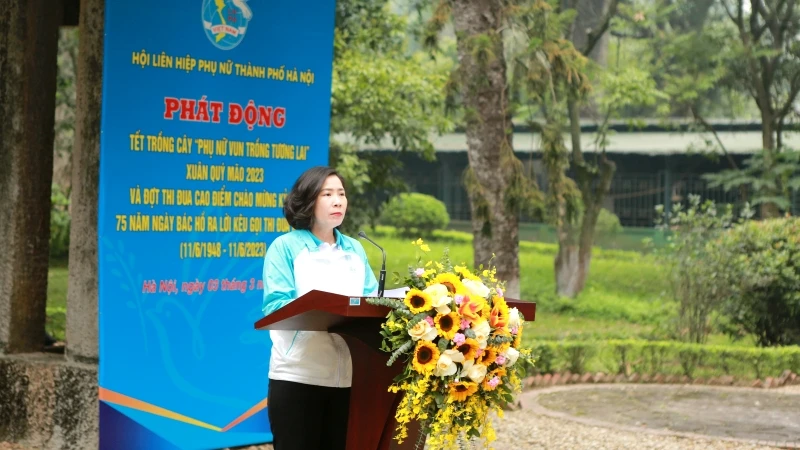 Chủ tịch Hội Liên hiệp phụ nữ thành phố Hà Nội Lê Kim Anh phát biểu.