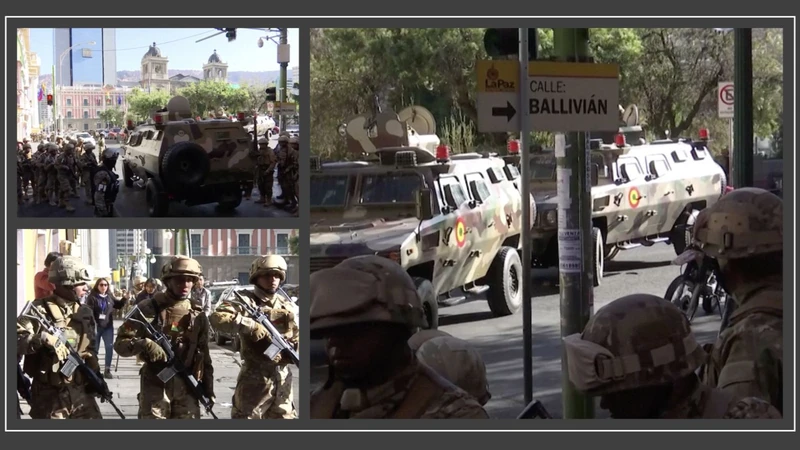 Hình ảnh binh sỹ Bolivia tràn vào quảng trường Murillo ở La Paz. (Ảnh cắt từ clip của Reuters)