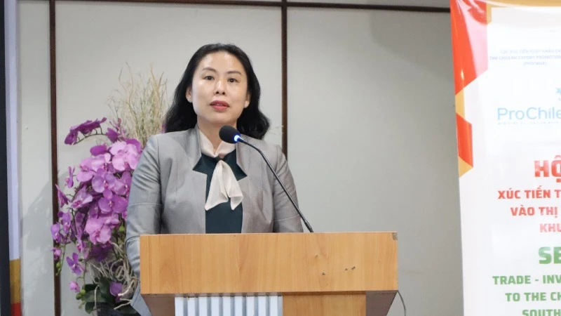 Bà Hồ Thị Quyên, Phó Giám đốc Trung tâm Xúc tiến Thương mại và Đầu tư Thành phố Hồ Chí Minh, phát biểu tại hội thảo.