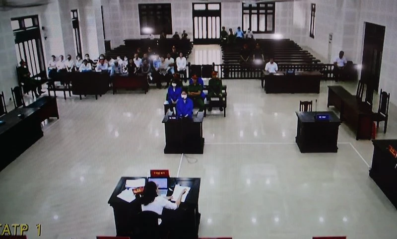 Toàn cảnh phiên tòa từ màn hình.