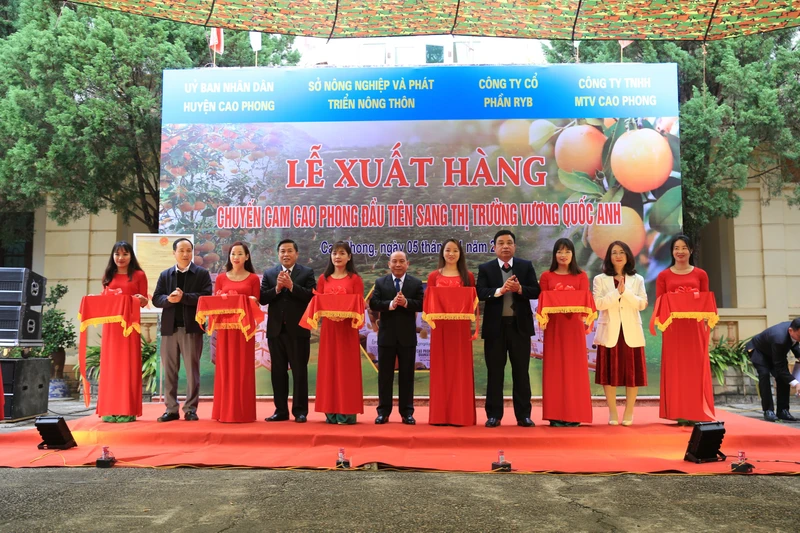 Lãnh đạo tỉnh Hoà Bình cắt băng khánh thành tại Lễ xuất lô hàng cam Cao Phong đầu tiên sang Vương Quốc Anh.