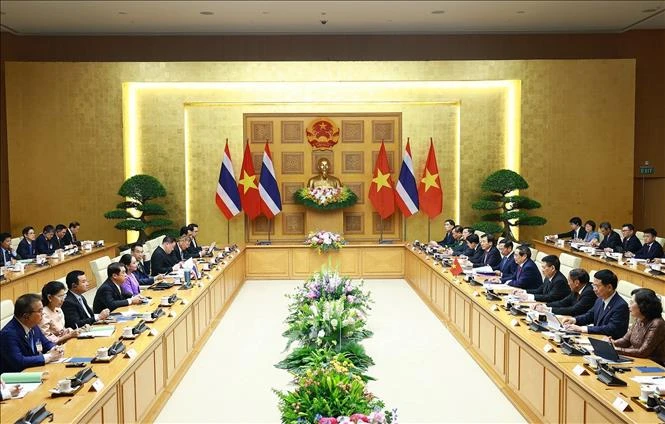 Thủ tướng Phạm Minh Chính và Thủ tướng Thái Lan Paetongtarn Shinawatra đồng chủ trì Kỳ họp lần thứ tư Nội các chung Việt Nam-Thái Lan. (Ảnh: Dương Giang/TTXVN)