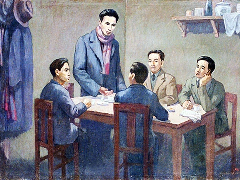 Hội nghị thành lập Đảng Cộng sản Việt Nam ngày 3/2/1930. Ảnh chụp lại tranh của họa sĩ Nguyễn Phi Hoanh (Ảnh: Bảo tàng Lịch sử Quốc gia)