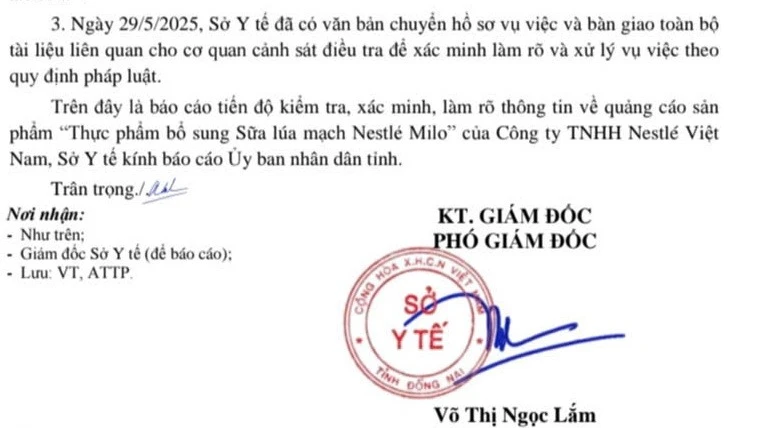 Văn bản của Sở Y tế tỉnh Đồng Nai đề nghị chuyển vụ việc sang Cơ quan Cảnh sát điều tra tiếp tục xác minh làm rõ.