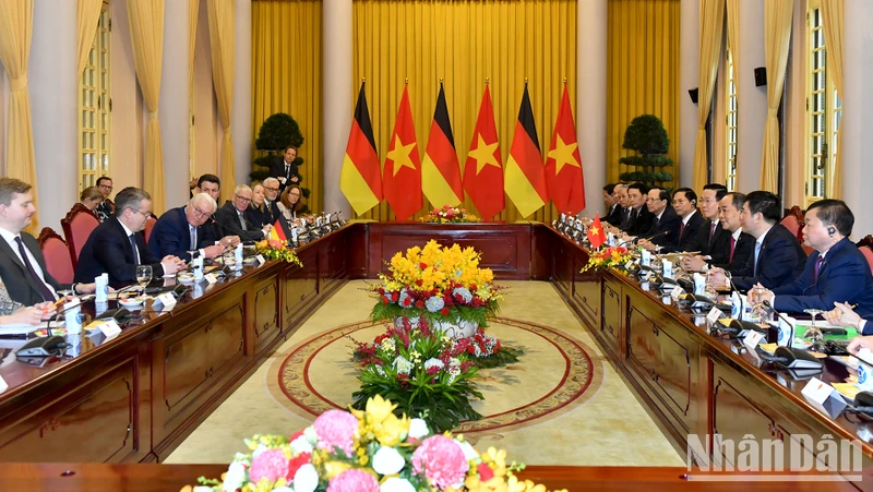 Quang cảnh cuộc hội đàm giữa Chủ tịch nước Võ Văn Thưởng với Tổng thống Cộng hòa Liên bang Đức Frank-Walter Steinmeier. (Ảnh: ĐĂNG KHOA)