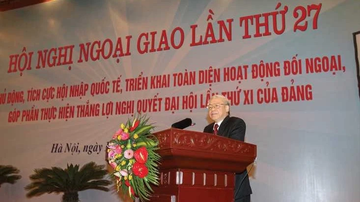 Tổng Bí thư Nguyễn Phú Trọng phát biểu chỉ đạo tại Hội nghị Ngoại giao lần thứ 27, ngày 12/12/2011. (Ảnh: TTXVN)