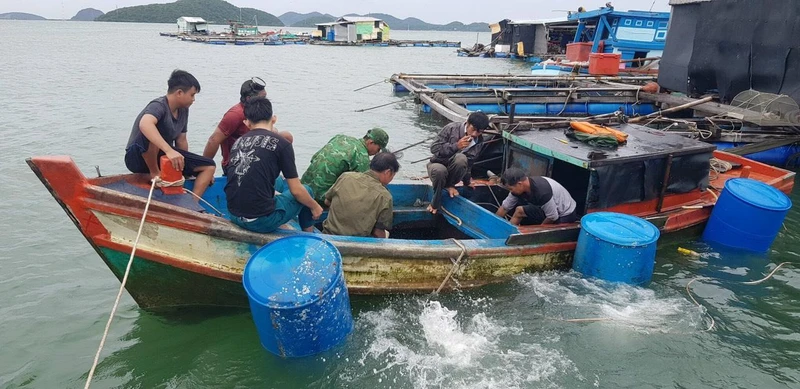Tàu đánh cá của ông Hà Văn Luông được lực lượng chức năng trục vớt.