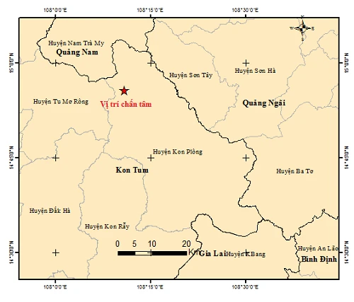 Bản đồ tâm chấn trận động đất thứ 2 tại huyện Kon Plong, Kon Tum chiều 7/2. (Ảnh: Trung tâm Báo tin động đất và cảnh báo sóng thần)