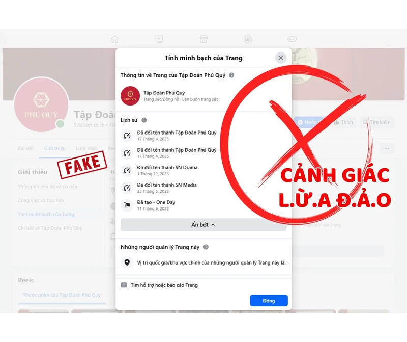 Một fanpage giả mạo thương hiệu Phú Quý để lừa đảo.