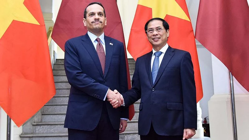 Bộ trưởng Ngoại giao Bùi Thanh Sơn và Phó Thủ tướng, Bộ trưởng Ngoại giao Nhà nước Qatar Sheikh Mohammed bin Abdulrahman Al-Thani. (Ảnh: TTXVN)