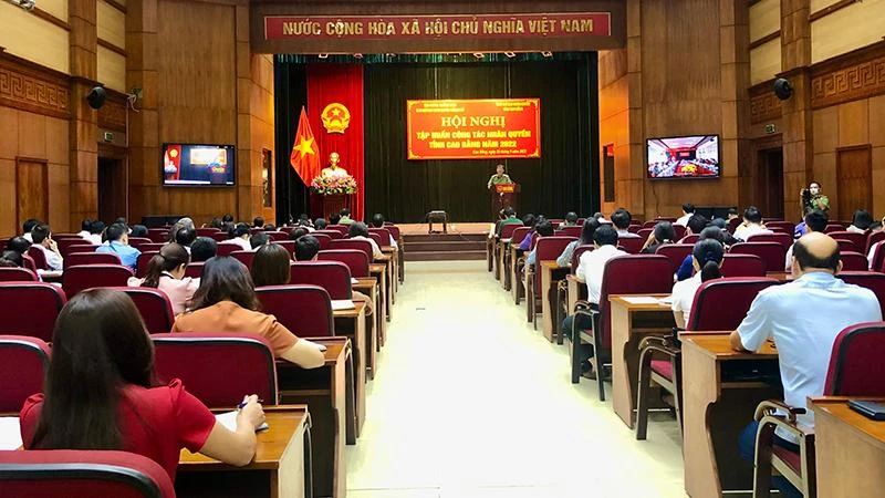 Các đại biểu dự hội nghị tập huấn về công tác nhân quyền tại điểm cầu Ủy ban nhân dân tỉnh Cao Bằng.