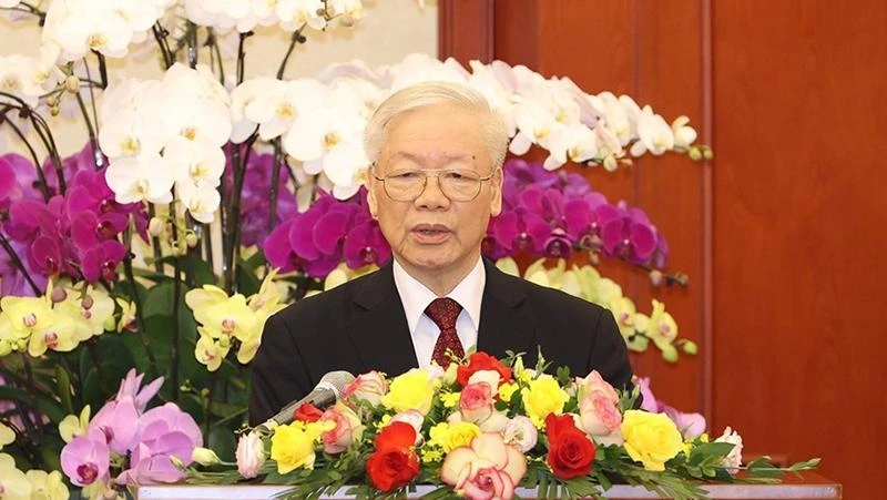 Tổng Bí thư Nguyễn Phú Trọng, Bí thư Quân ủy Trung ương phát biểu tại buổi gặp mặt các đại biểu Đại hội Đoàn Thanh niên Cộng sản Hồ Chí Minh Quân đội lần thứ X. (Ảnh: TTXVN)