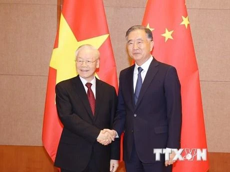 Tổng Bí thư Nguyễn Phú Trọng hội kiến Chủ tịch Chính hiệp Trung Quốc Uông Dương. (Ảnh: Trí Dũng/TTXVN)