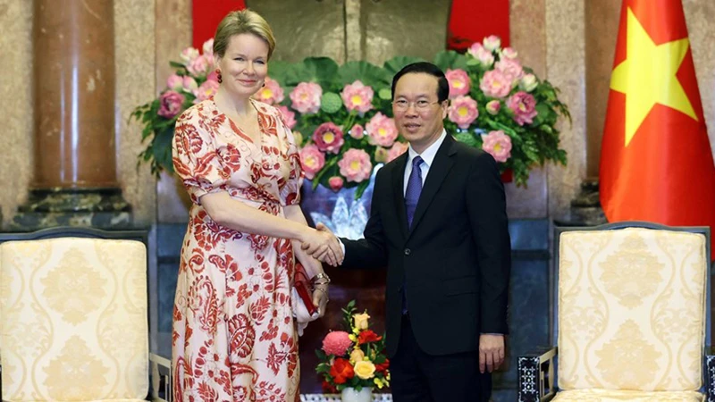 Chủ tịch nước Võ Văn Thưởng tiếp Hoàng hậu Vương quốc Bỉ Mathilde, Chủ tịch danh dự Tổ chức Bảo vệ quyền trẻ em (UNICEF) Bỉ. (Ảnh: Thống Nhất/TTXVN)