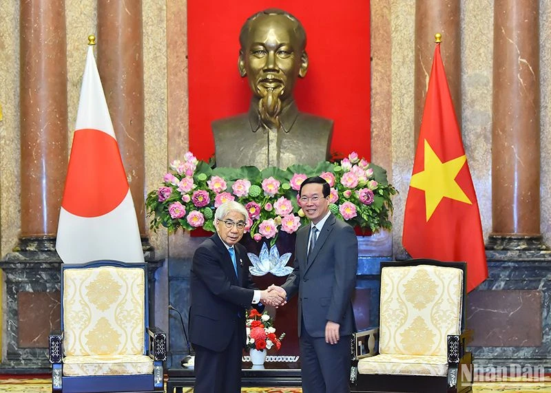 Chủ tịch nước Võ Văn Thưởng và Chủ tịch Thượng viện Nhật Bản Otsuji Hidehisa tại buổi tiếp.