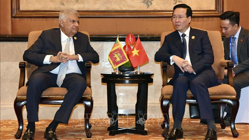 Chủ tịch nước Võ Văn Thưởng gặp Tổng thống Sri Lanka Ranil Wickremesinghe. (Ảnh: TTXVN)