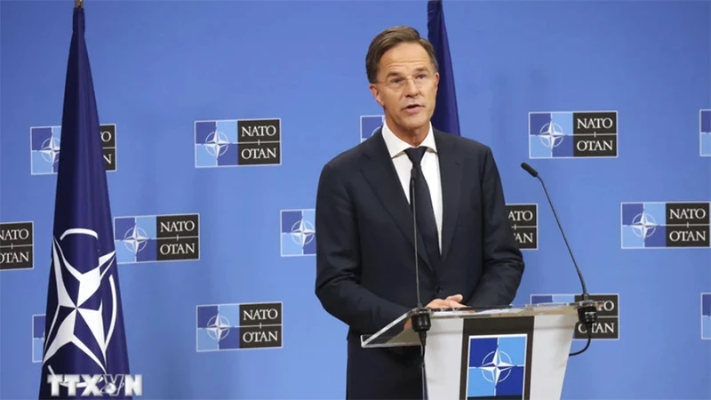 Tổng thư ký NATO Mark Rutte tại cuộc họp báo ở Brussels, Bỉ, ngày 1/10/2024. (Ảnh: Kyodo/TTXVN)