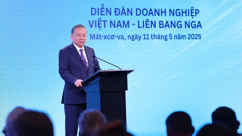 Tổng Bí thư Tô Lâm phát biểu tại Diễn đàn doanh nghiệp Việt Nam-Liên bang Nga. (Ảnh: TTXVN)