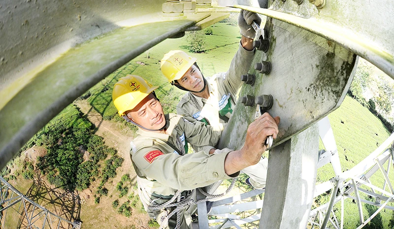 Công nhân Công ty Truyền tải điện Tây Bắc kiểm tra, sửa chữa đường dây 500kV Sơn La-Hiệp Hòa (Phú Thọ). (Ảnh ĐỨC ANH)
