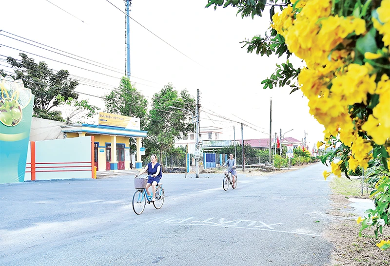 Hai bên đường làng Bạch Đằng là những hàng hoa rực rỡ được người dân chăm sóc hằng ngày. (Ảnh THỦY NGUYÊN) 