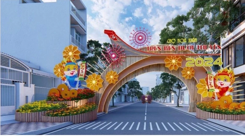 Cổng chào chính của chợ hoa "Trên bến dưới thuyền" tại bến Bình Đông (quận 8). (Ảnh: Ban tổ chức cung cấp)