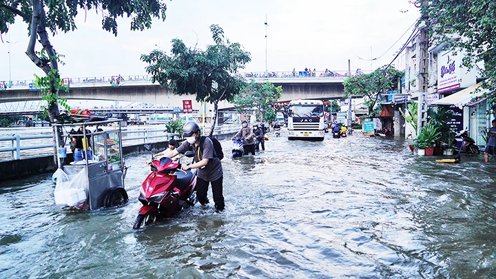 Đường Trần Xuân Soạn, Quận 7 vào mùa triều cường. Ảnh: THẾ ANH