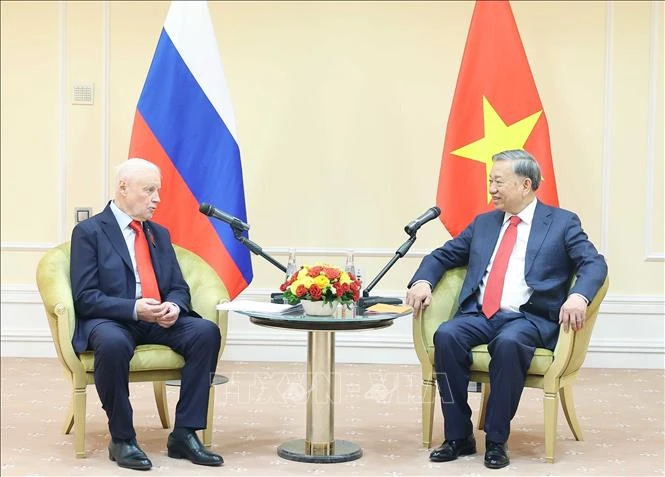 Tổng Bí thư Tô Lâm tiếp Chủ tịch Đảng "Nước Nga Công bằng - Những người yêu nước - Vì Sự thật" Sergey Mironov. Ảnh: Thống Nhất (TTXVN)